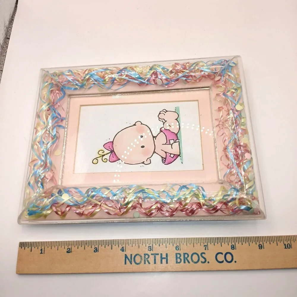 Borden Borders Lucite Confetti Ribbon Baby Pink Blue Picture Frame 4x6 Photo